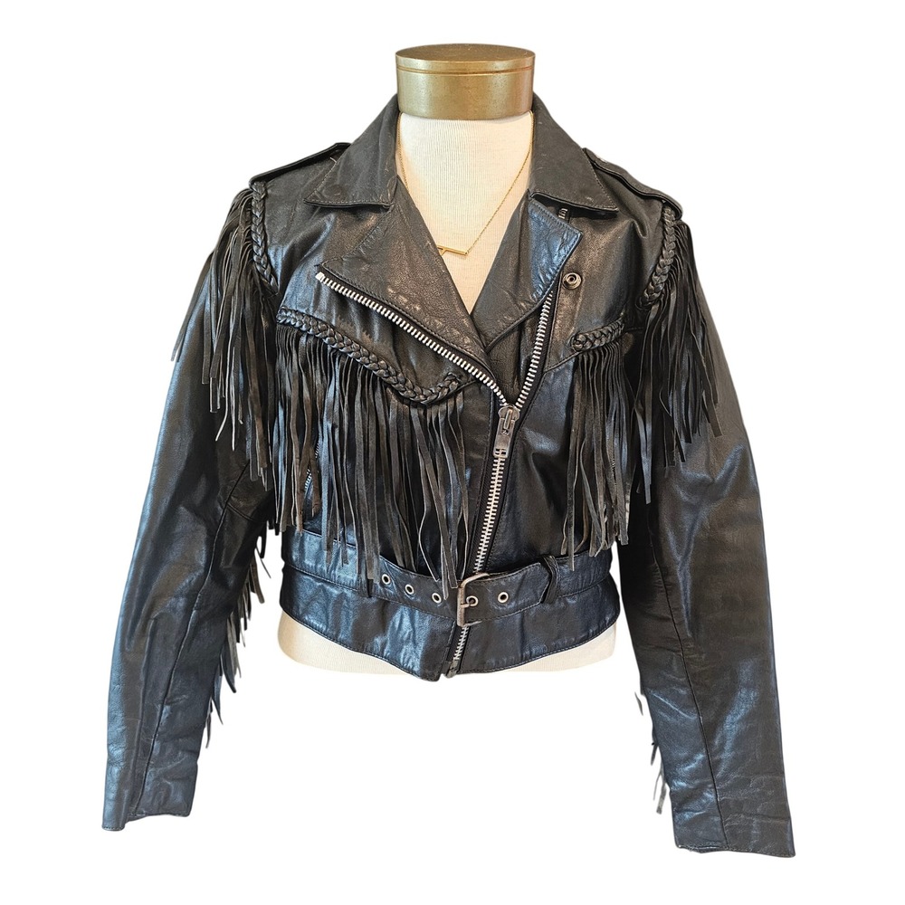 MOB Vintage Black Genuine Leather Fringe Biker Jacket Braided Trim Women's M